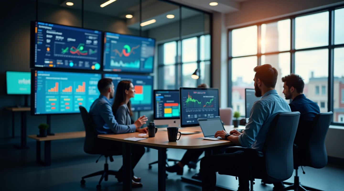 Modern SaaS office with team collaborating on subscription management software, bright workspace with multiple monitors showing billing dashboards